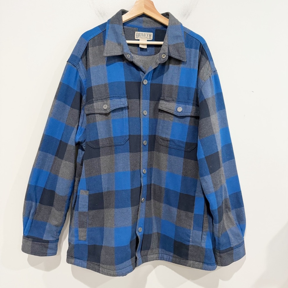 Duluth Trading Co Blue and Gray Plaid Shirt Jacket
